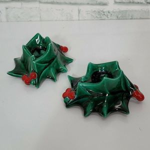 Vintage Atlantic Mold Set of 2 Christmas Holly Leaves Ceramic Candle Holders‎